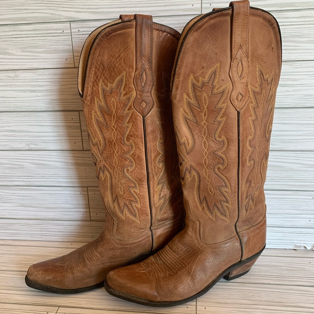 Old west vintage snip toe Classic Tan Leather Western Cowboy Boots